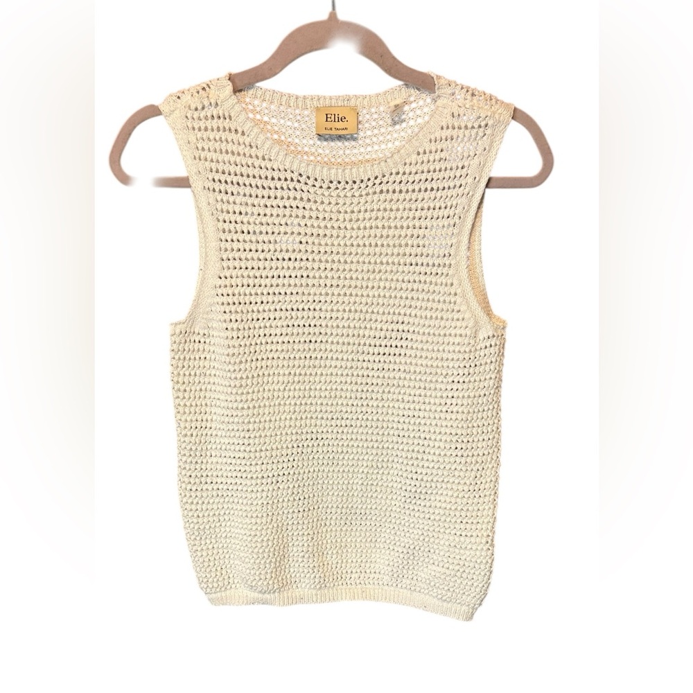 Elie Tahari White Crochet Sleeveless Sweater Small Sequin Knit Summer Top - Picture 7 of 7